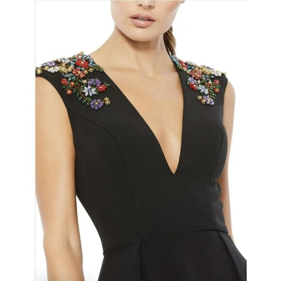 Mac Duggal Black Beaded Embellished V Neck Maxi Dress Formal Gown Sz 6 NEW - Picture 3 of 12